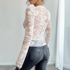 Damen nan tailliertes Spitzenshirt mit tiefem V-Ausschnitt, floraler Netzspitze und langen Ärmeln R&B