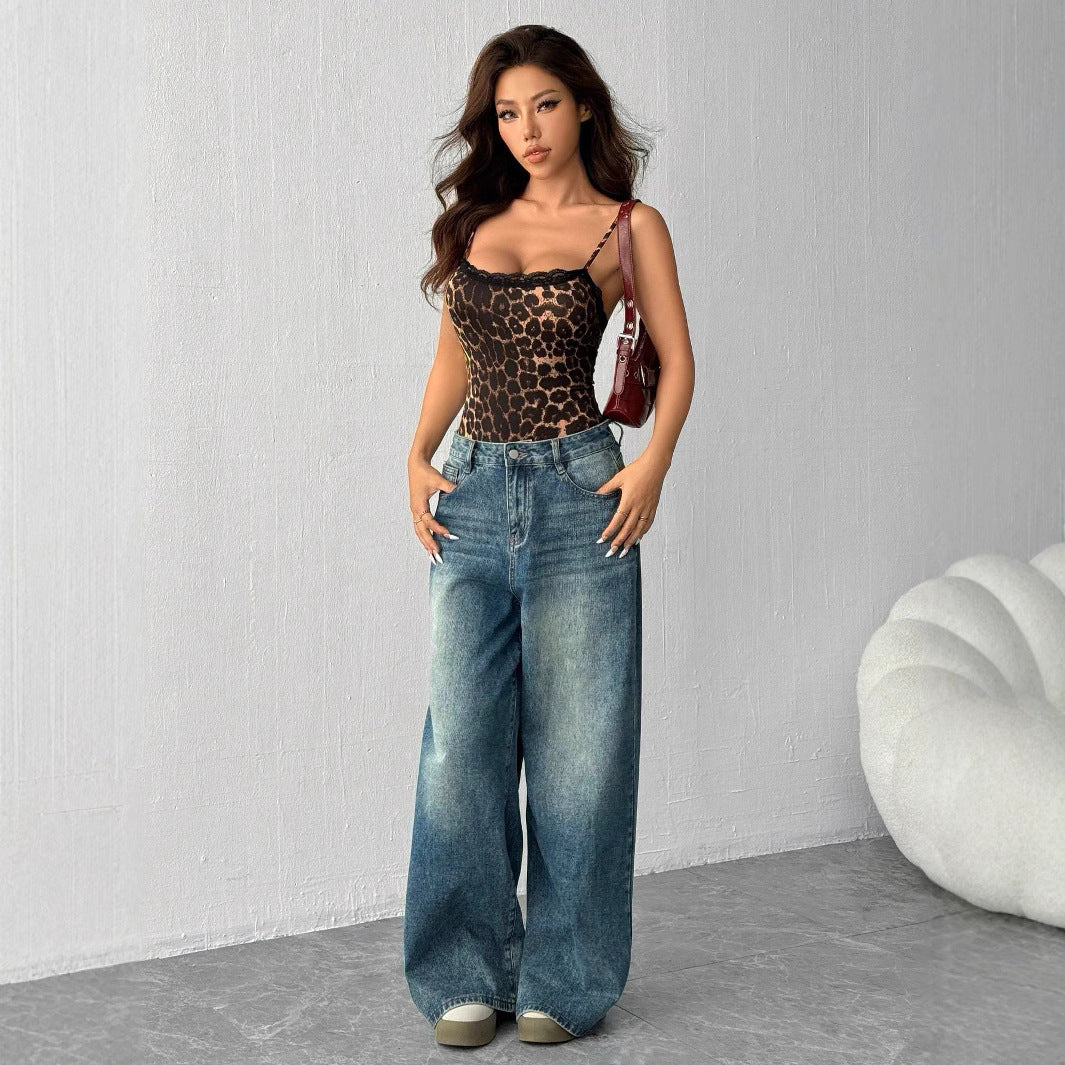 Damen Spitzen-Bodys mit Leopardenmuster R&B