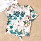 Damen Kurzarmbluse mit floralem Design und knotbarem Saum R&B