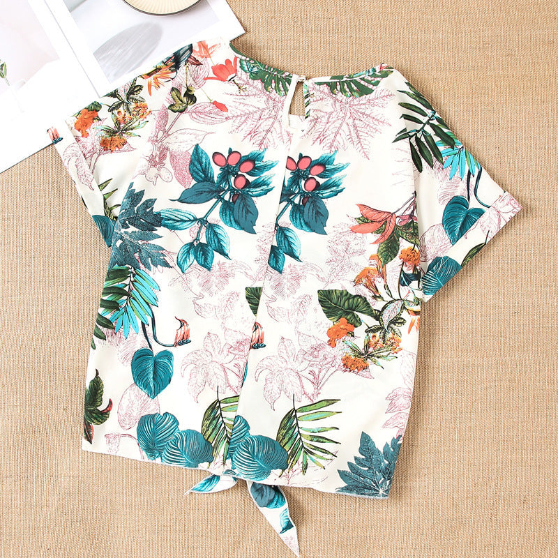 Damen Kurzarmbluse mit floralem Design und knotbarem Saum R&B