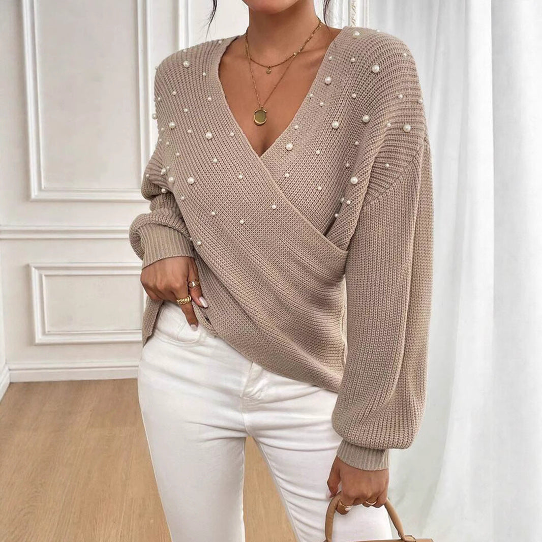 Damen offener Strickpullover mit Perlendetails R&B