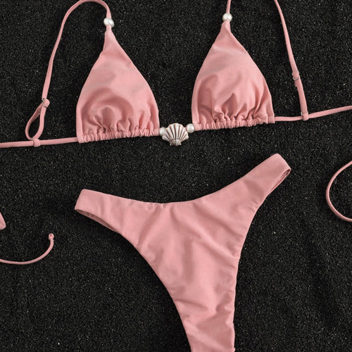 Damen Triangel-Bikini mit Muschel-Applikation und hohem Beinausschnitt R&B