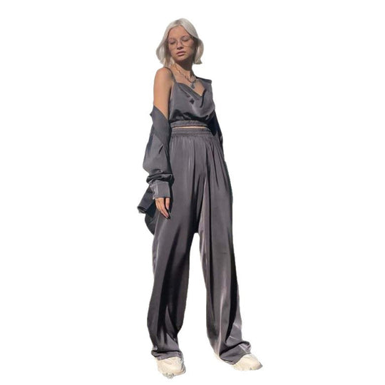 Damen elegantes Satin-Loungewear-Set mit Stretch-Bund und ärmelloser Bluse R&B