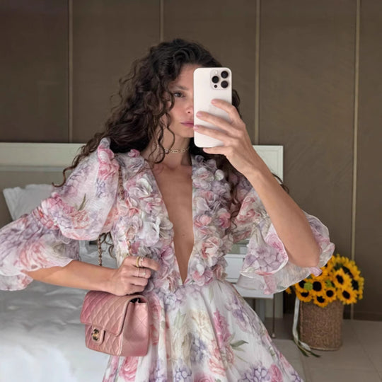 Damen Fließendes Maxikleid mit romantischen Rüschendetails und floralem Muster R&B
