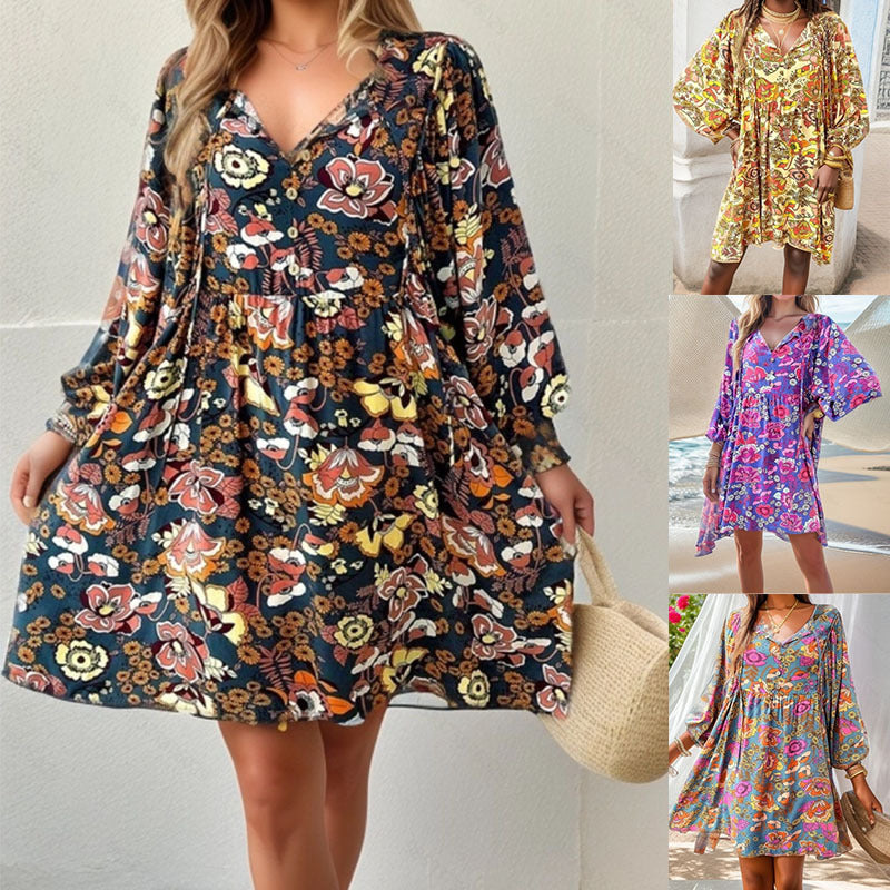 Damen lässiges Freizeitkleid mit lockerer Passform und buntem Blumendesign R&B