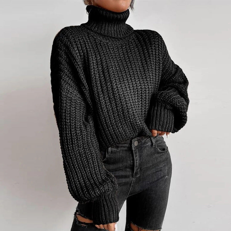 Damen Grob gestrickter Pullover mit hohem Kragen und weit ausgestellten Ärmeln R&B