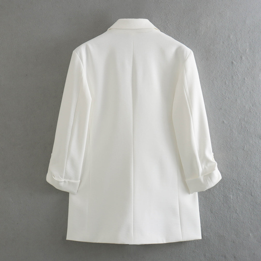 Damen elegante Blazerjacke mit strukturierten Ärmeln und dezenten Goldakzenten R&B