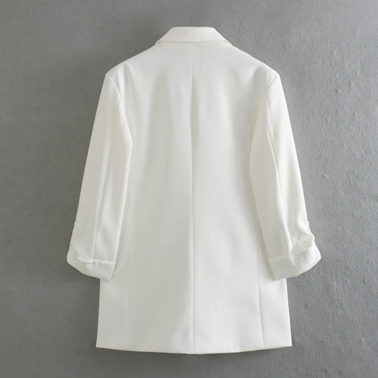 Damen elegante Blazerjacke mit strukturierten Ärmeln und dezenten Goldakzenten R&B