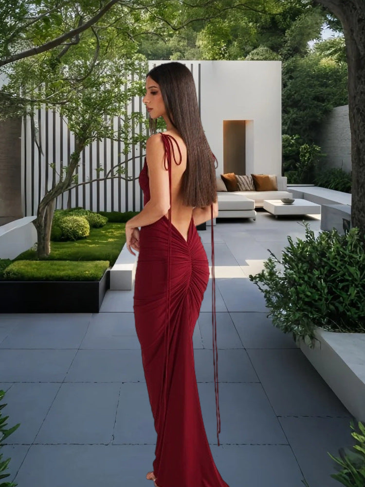 Damen Elegantes Rückenfreies Maxikleid mit raffinierten Bindebändern R&B