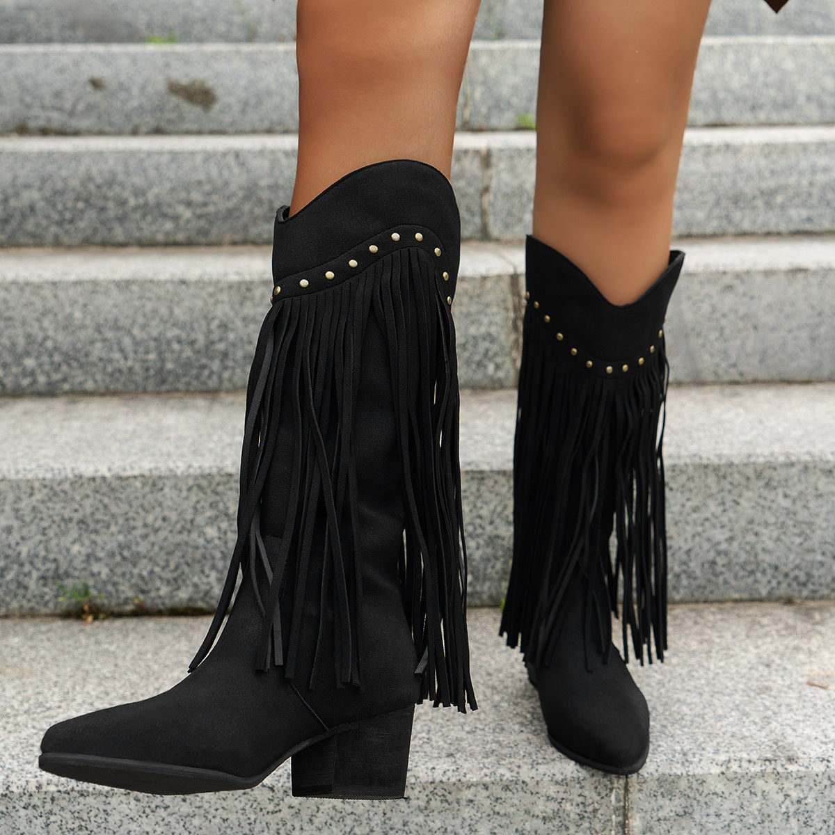 Damen Fransen-Stiefel mit modischen Nieten und komfortablem Blockabsatz R&B