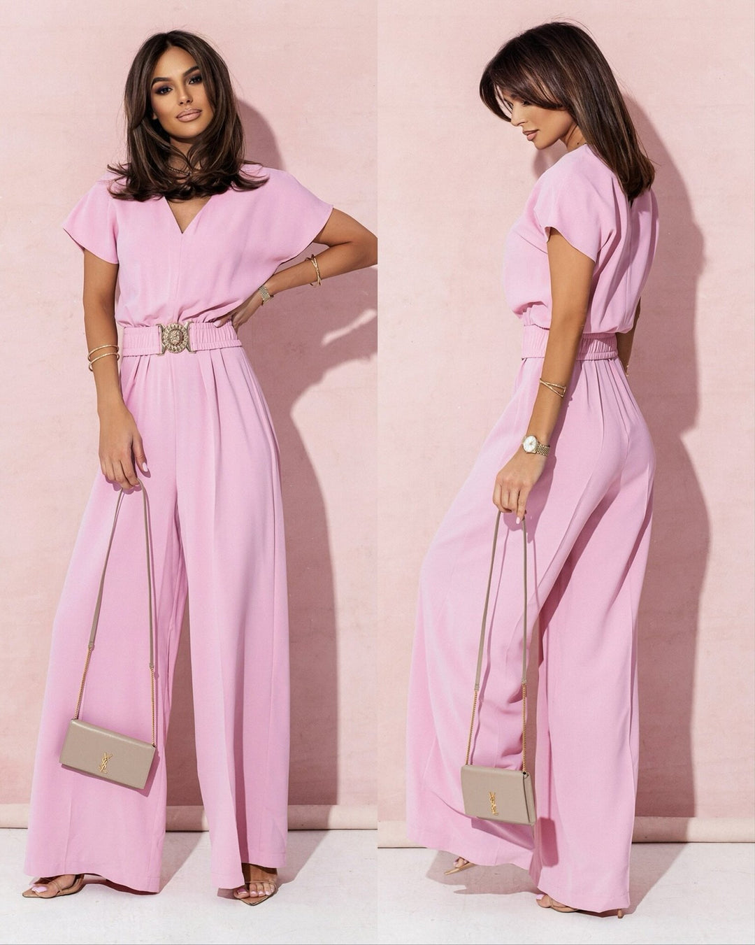 Damen Jumpsuit mit weitem Bein und trendigem Gürtel R&B