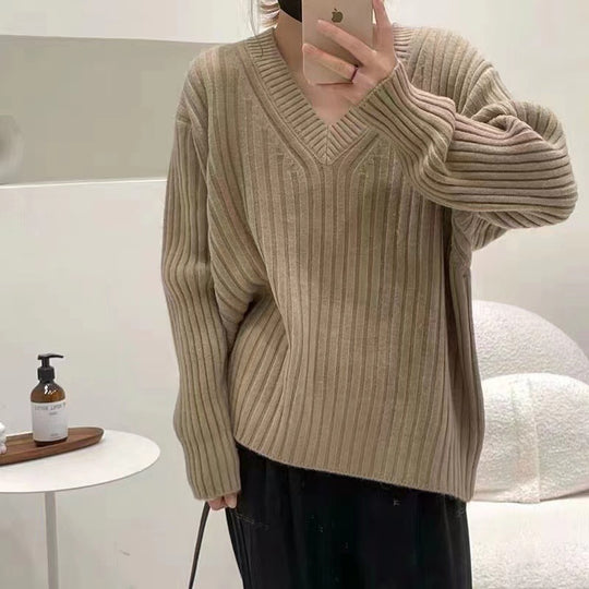 Damen Viskose-Strickpullover mit V-Ausschnitt und geripptem Design R&B