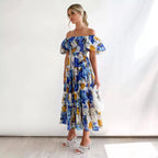 Damen Off-Shoulder Maxikleid mit voluminösen Puffärmeln R&B
