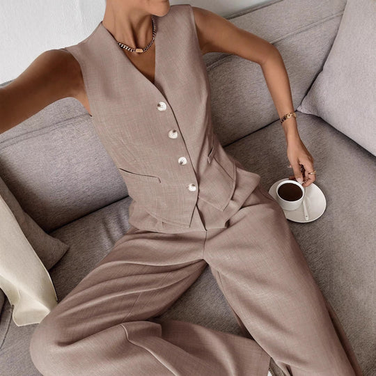 Damen Eleganter Anzug mit ärmellosem Blazer und weiten Hosen R&B