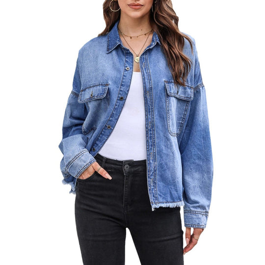 Damen Lässige Denim-Hemdjacke mit fransigen Bündchen und praktischen Taschen R&B