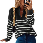 Damen lässiger Pullover mit kurzem Reißverschluss und Streifenmuster R&B
