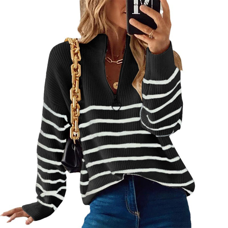 Damen lässiger Pullover mit kurzem Reißverschluss und Streifenmuster R&B