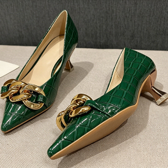 Damen elegante spitze Pumps mit goldfarbener Kettenapplikation R&B