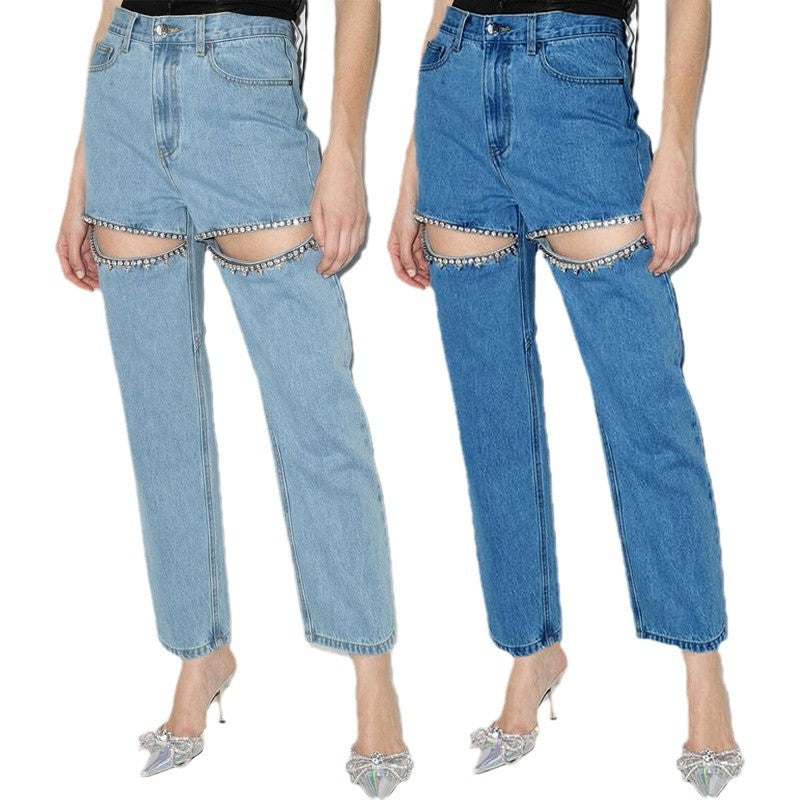 Damen Jeans mit dekorativen Cut-Outs und Strassverzierungen R&B