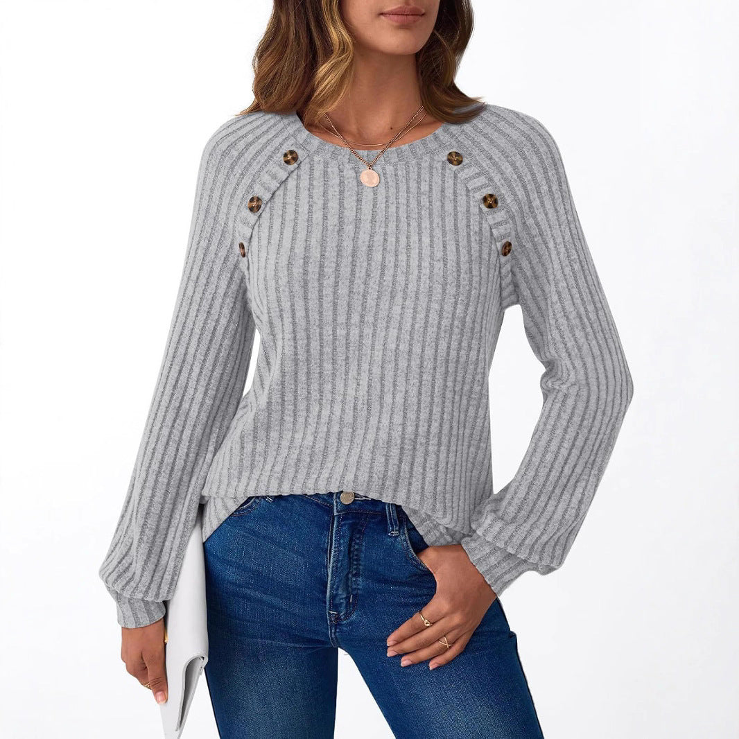 Damen Pullover mit dekorativen Knöpfen und strukturiertem Rippdesign R&B