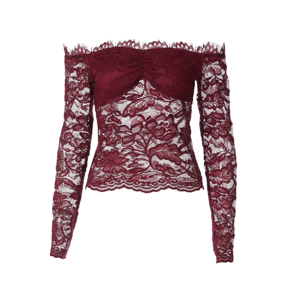 Damen Spitzencrop-Top mit Off-Shoulder Design und Rüschendetails R&B