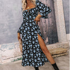 Damen Maxikleid mit seitlichem Schlitz und Puffärmeln R&B