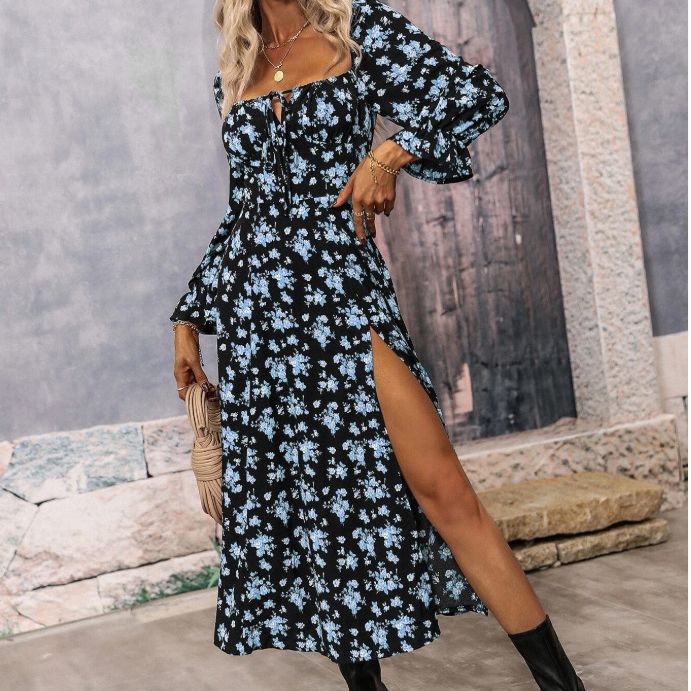 Damen Maxikleid mit seitlichem Schlitz und Puffärmeln R&B