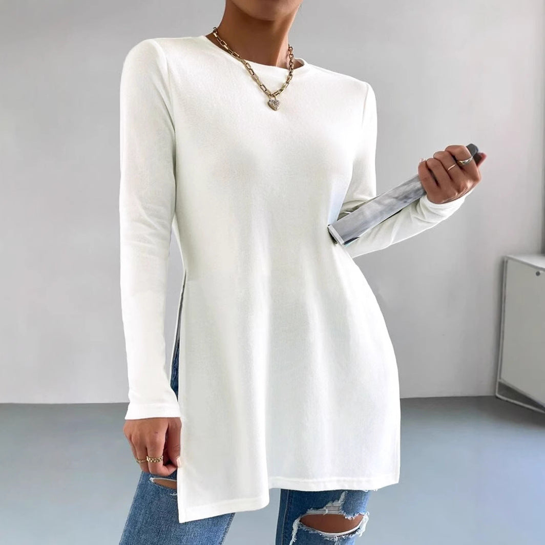 Damen asymmetrisches Longsleeve-Oberteil mit seitlichen Schlitzen und lässigem Schnitt R&B