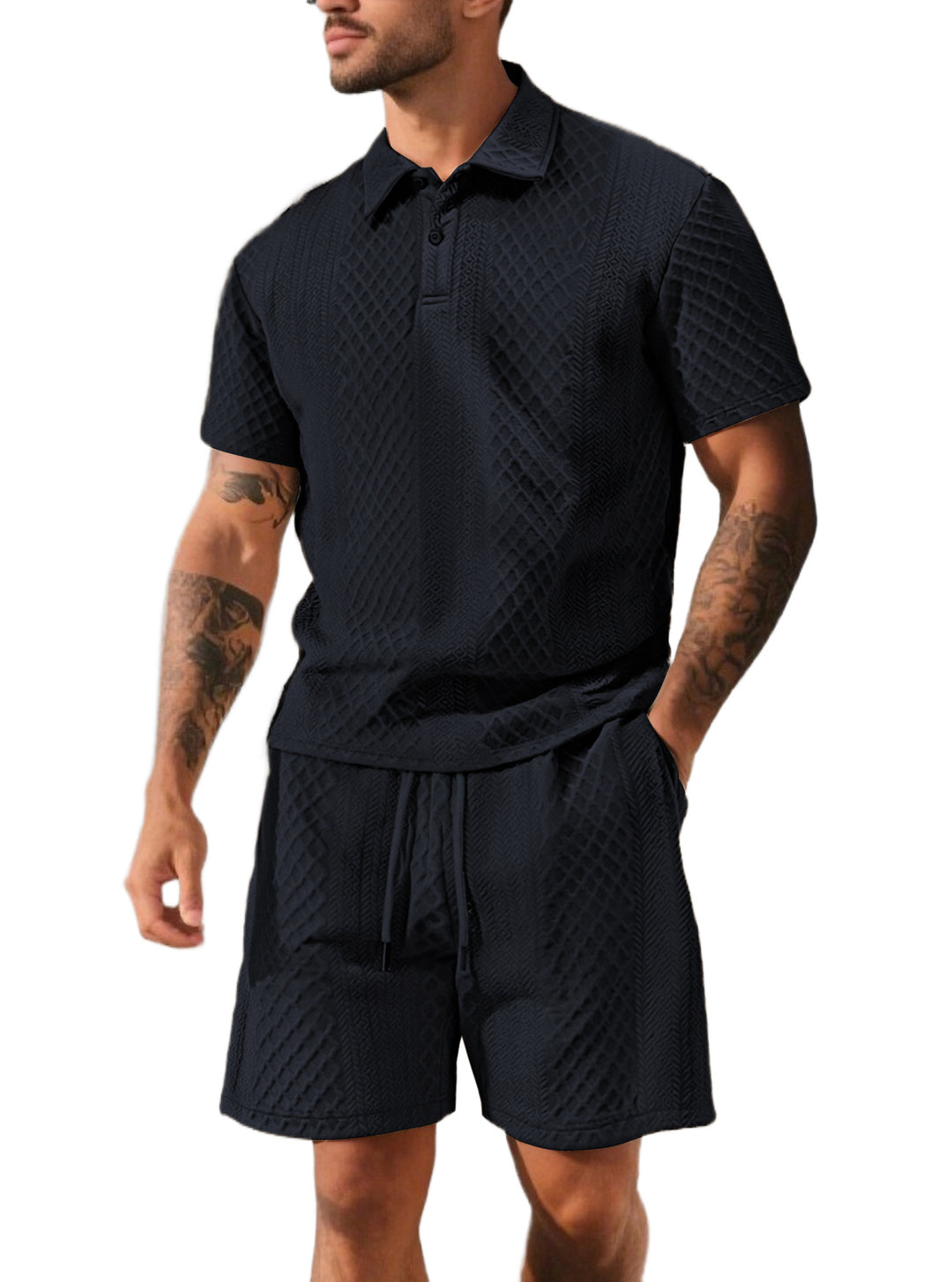 Herren nan strukturiertes Poloshirt- und Bermudashorts-Set aus gesteppter Baumwollmischung R&B