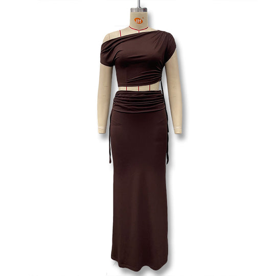 Damen Langarm-Maxikleid mit asymmetrischem Schnitt und elegantem Oberteil R&B