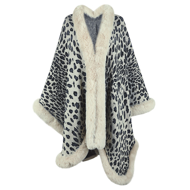 Damen kuscheliger Poncho mit luxuriösem Kunstfellbesatz und Leopardenmuster R&B