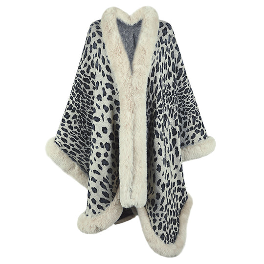 Damen kuscheliger Poncho mit luxuriösem Kunstfellbesatz und Leopardenmuster R&B