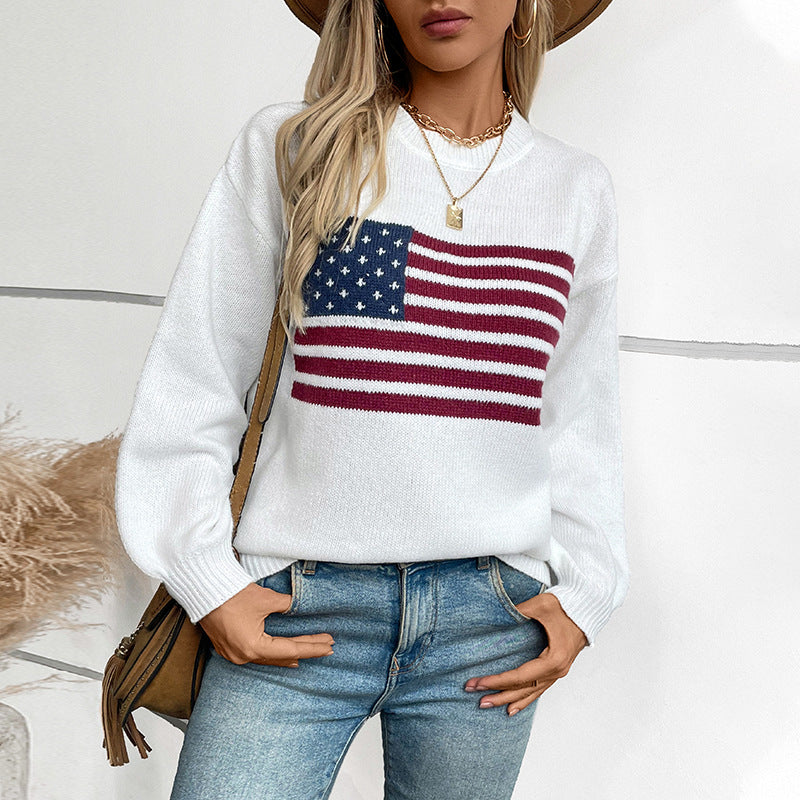 Damen Strickpullover mit Flaggenmotiv und Rundhalsausschnitt R&B