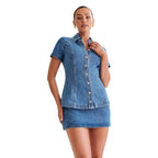 Damen Denim-Kleid im modernen Hemd-Stil mit tailliertem Schnitt und kurzen Ärmeln R&B