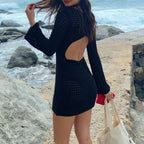 Damen Häkel-Strandkleid mit weitem Schnitt und langen Ärmeln EB