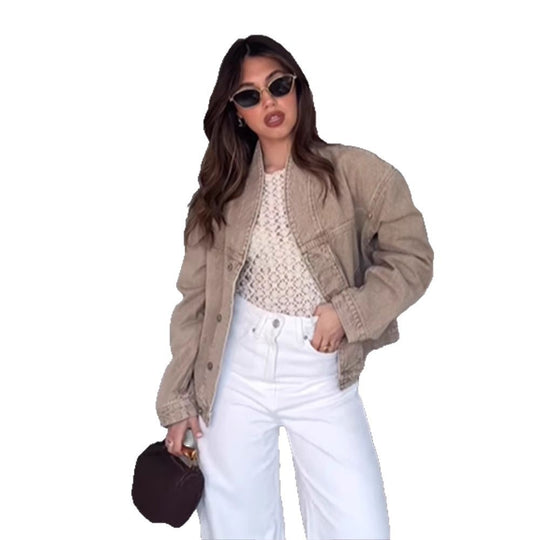 Damen modische Oversized Jeansjacke mit trendigem Stehkragen R&B