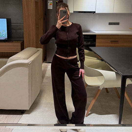 Damen Bequemes Strick-Loungewear-Set mit Knopfleiste R&B