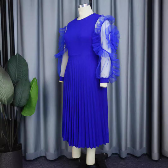 Damen plissiertes Kleid mit voluminösen Tüllärmeln R&B