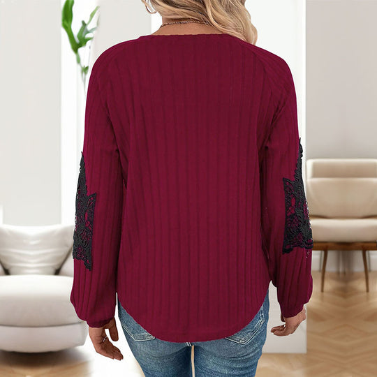 Damen Strickpullover mit Spitzenärmeln und V-Ausschnitt R&B