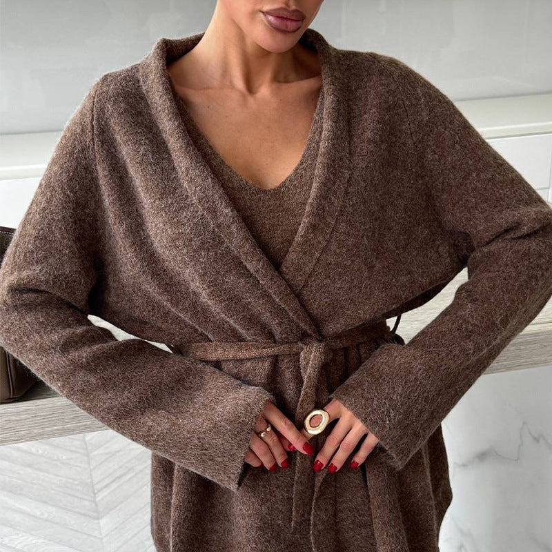 Damen elegantes Strick-Ensemble mit Wickeljacke und Bleistiftrock R&B