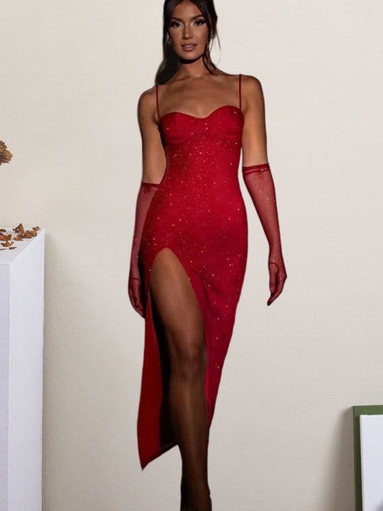 Damen Glamouröses Maxikleid mit transparenten Ärmeln und figurbetontem Schnitt R&B