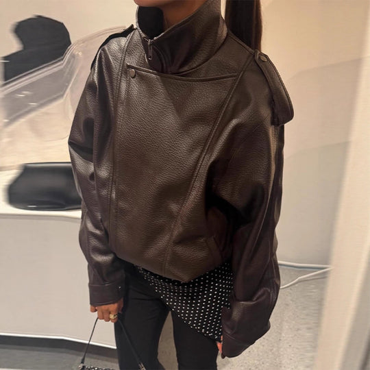Damen Oversized Kunstlederjacke mit hohem Kragen und voluminösen Ärmeln R&B