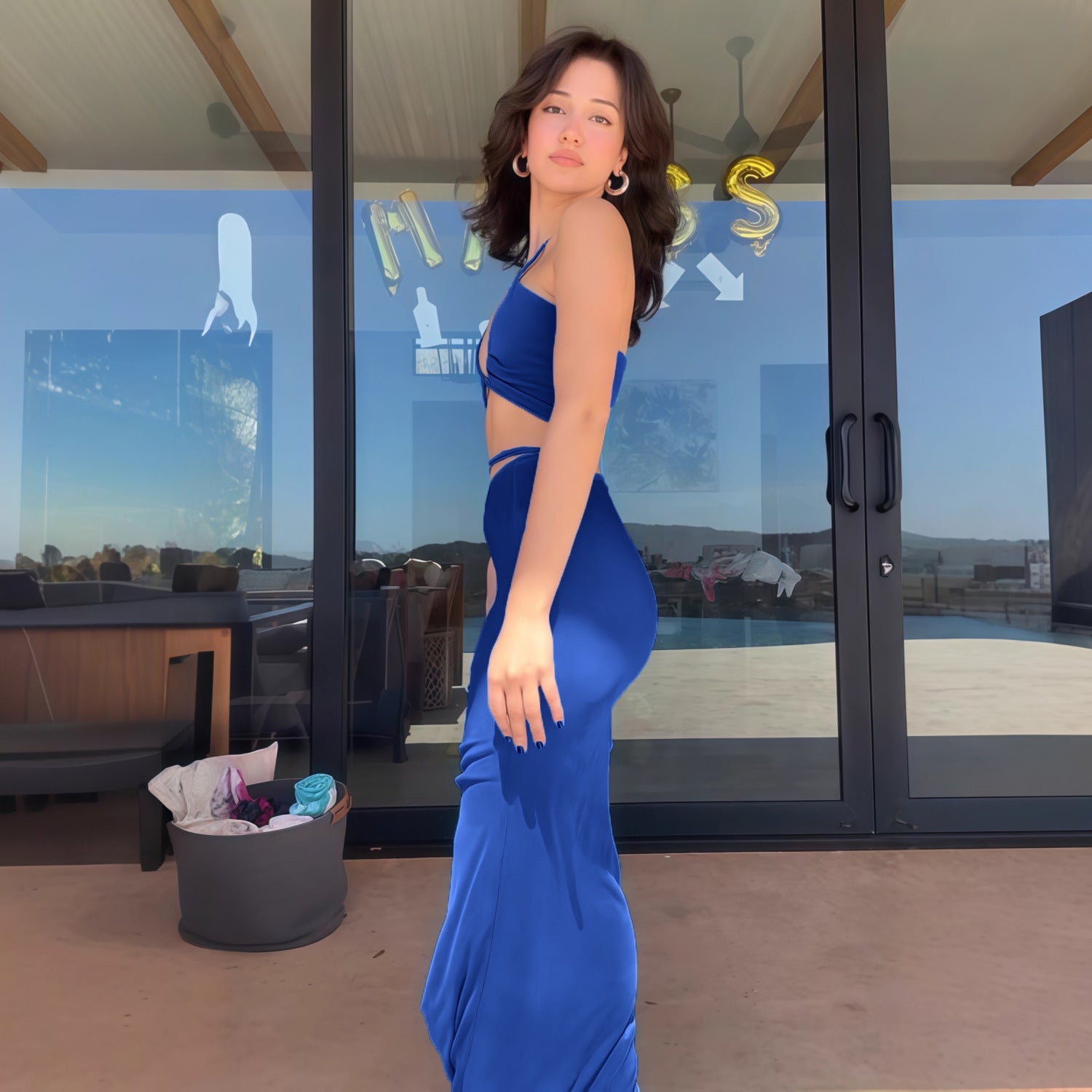 Damen Figurbetontes Maxikleid mit transparenten Einsätzen und Raffung R&B