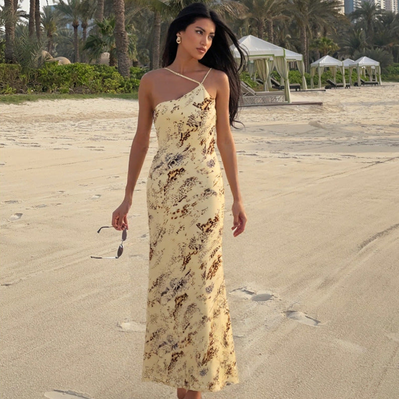 Damen Langes Etuikleid mit elegantem Muster und feinen Spaghettiträgern R&B