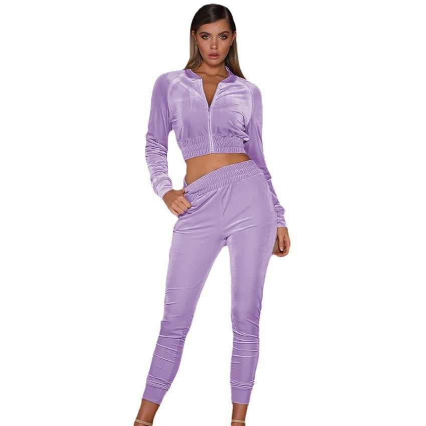 Damen Velours Freizeitanzug mit hochschließendem Reißverschluss und elastischem Bund R&B