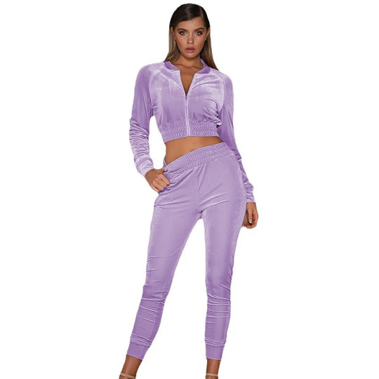 Damen Velours Freizeitanzug mit hochschließendem Reißverschluss und elastischem Bund R&B