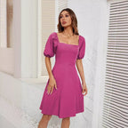 Damen Off-Shoulder Kleid mit Puffärmeln und schwingendem Rock R&B