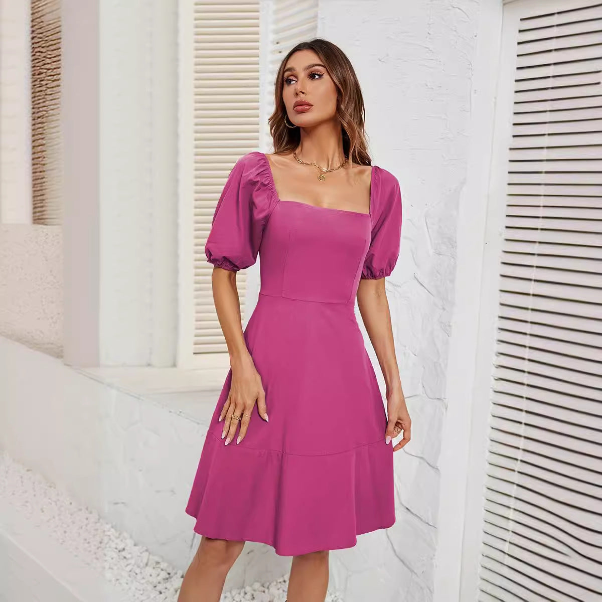 Damen Off-Shoulder Kleid mit Puffärmeln und schwingendem Rock R&B