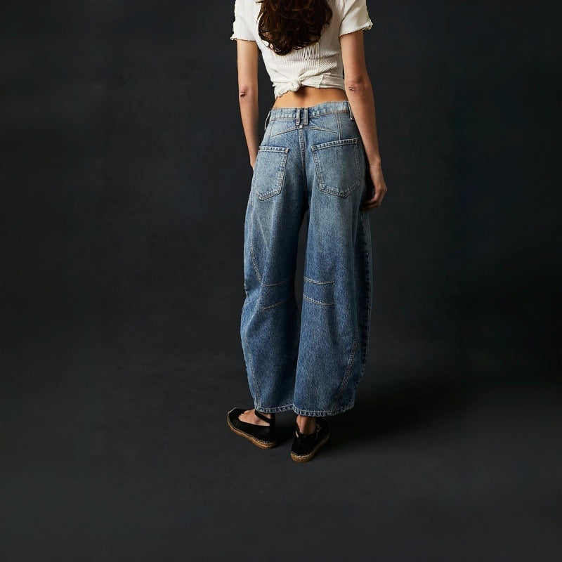 Damen Weite High-Waist Jeans im Vintage-Look mit ausgefallenem Waschverfahren R&B