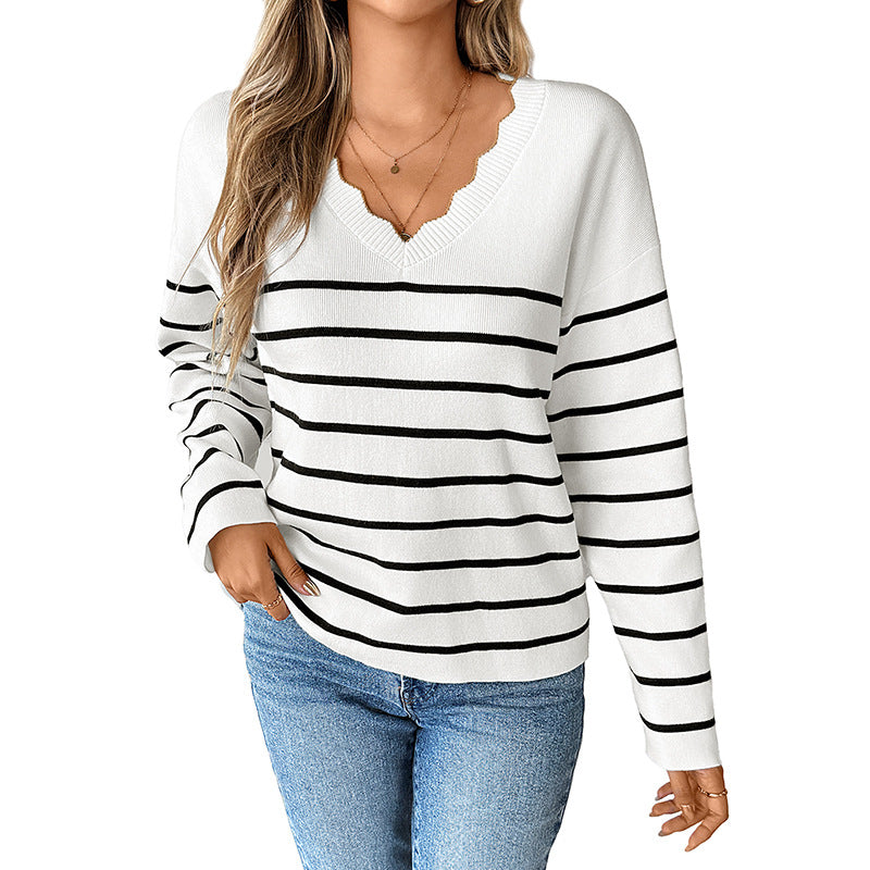 Damen Strickpullover mit V-Ausschnitt und modischem Streifenmuster R&B